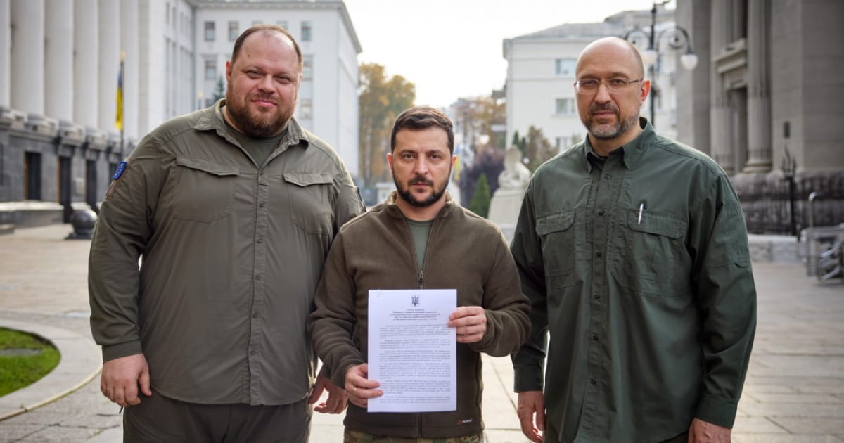 President of Ukraine Volodymyr Zelenskyy, Chairman of the Verkhovna Rada Ruslan Stefanchuk, and Prime Minister of Ukraine Denys Shmyhal signed the application for Ukraine's accession to NATO